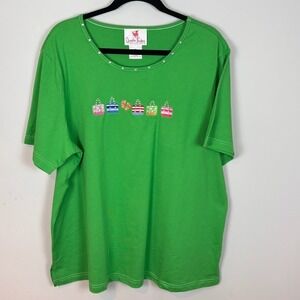 Quacker Factory Womens Green Sequin Summer Travel Shirt Sz 1X Colorful Stretch